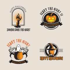 Halloween logo design inspiration, vector collection of halloween stickers. hands, sphere, pumpkin, zombie, magic hat, ghost.