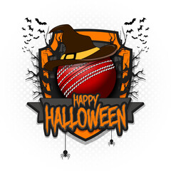 Halloween pattern. Cricket logo template design. Cricket ball in a hat on a background of spooky trees and bats with a shield. Pattern for banner, poster, party invitation. Vector illustration