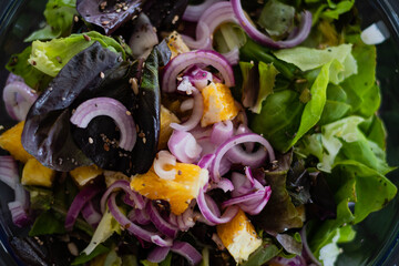 ensalada para asado de lechuga cebolla naranja y semillas 