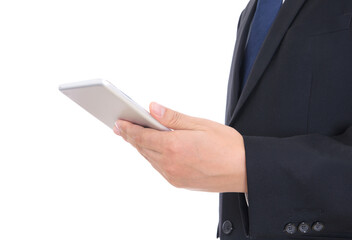 Business men in formal wear holding tablet in hand