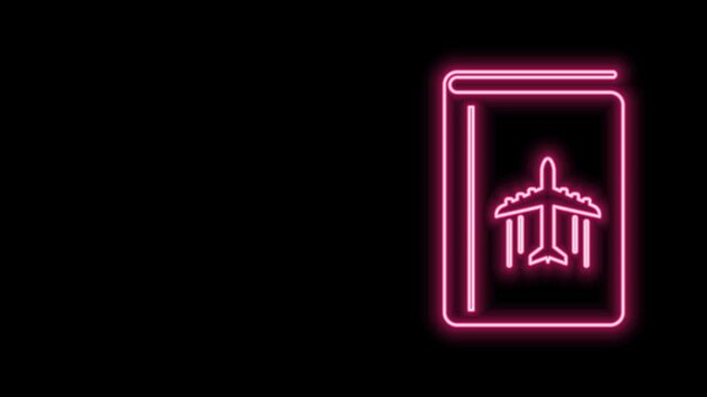 Glowing neon line Cover book travel guide icon isolated on black background. 4K Video motion graphic animation