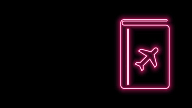 Glowing neon line Cover book travel guide icon isolated on black background. 4K Video motion graphic animation