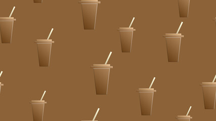 coffee in a glass with a straw, on a brown background, vector illustration, pattern. wallpaper for the design of a cafe, restaurant. home decor, pastry shop. coffee cups on the background