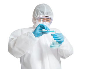 An Asian man wearing a protective suit, protective face masks, and safety glasses on a white background.