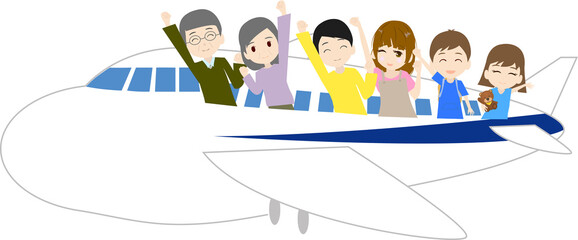 飛行機に乗って旅行にいく可愛い3世代家族のイラスト