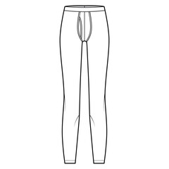 Long Johns underwear technical fashion illustration with elastic waistband, vertical fly. Flat knit pants apparel lingerie template front, white color. Women men unisex leggins CAD mockup
