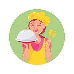 Young girl chef. Vector illustration, cartoon character, logo, post card, social media post template