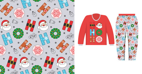 Pajama ho-ho-ho with print and simless pattern. Vector illustration, design template for home clothes