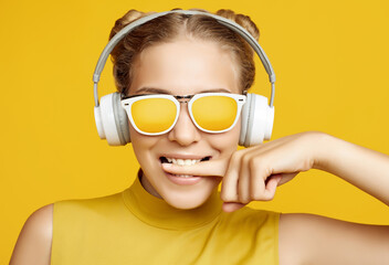 Gorgeous blonde hipster girl wearing sunglasses enjoys the music