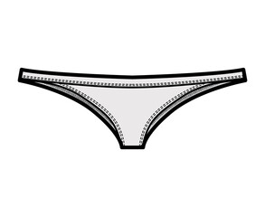 Tangas technical fashion illustration with elastic waistband, low rise, medium hips coverage. Flat Mini briefs knickers lingerie template front, grey color. Women men unisex underwear CAD mockup