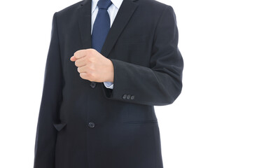 A man in a black suit clenched his fists to inflate