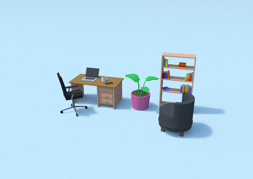 Home-office, espacio de trabajo en casa. Ilustraci&oacute;n en 3D.