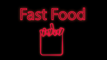 fried potatoes on a black background, vector illustration. neon sign in pink. design of a cafe, fast food restaurant. bright neon sign with fast food lettering