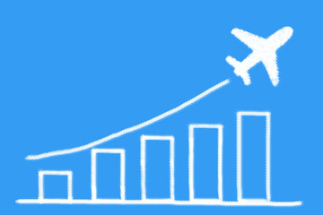 Plane on cloud shaped with growing shape cloud graph on blue background, Growth and successful concept.