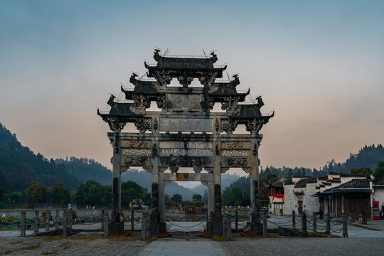 Pailou, an ancient memorial archway in Xidi village, an ancient Chinese village in Anhui Province, China, a UNESCO world cultural heritage site.