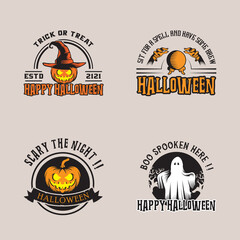 Halloween logo design inspiration, vector collection of halloween stickers. Halloween, pumpkin, ghost, skull, sphere.