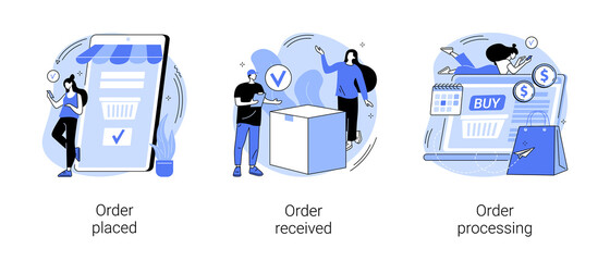 E-commerce shopping abstract concept vector illustration set. Order placed and received, order processing, online booking, customer service, warehouse software, virtual purchase abstract metaphor.