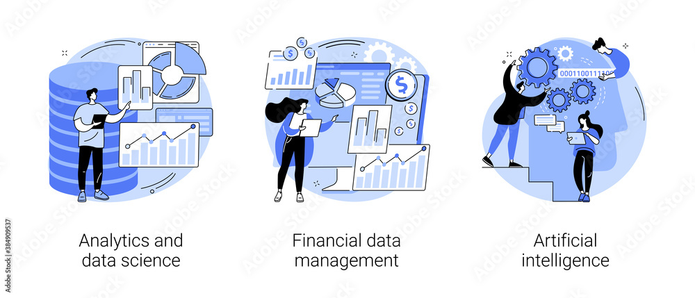 Poster big data abstract concept vector illustration set. analytics and data science, financial data manage