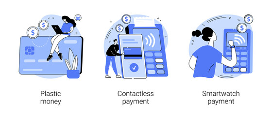 Digital transactions abstract concept vector illustration set. Plastic money, contactless smartwatch payment, credit and debit card, smartphone banking application, smart technology abstract metaphor.