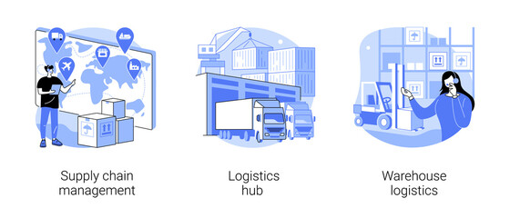 Goods transportation and storage abstract concept vector illustration set. Supply chain management, logistics hub, warehouse logistics, sorting and shipping, package delivery abstract metaphor.