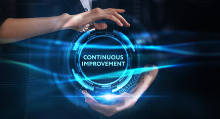 Business, technology, internet and network concept. Young businessman thinks over the steps for successful growth: Continuous improvement