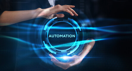 Business, technology, internet and network concept. Young businessman thinks over the steps for successful growth: Automation