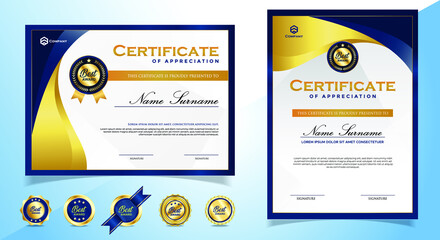 Certificate of appreciation template, gold and blue color. Clean modern certificate with gold badge. Certificate border template with luxury and modern line pattern. Diploma vector template