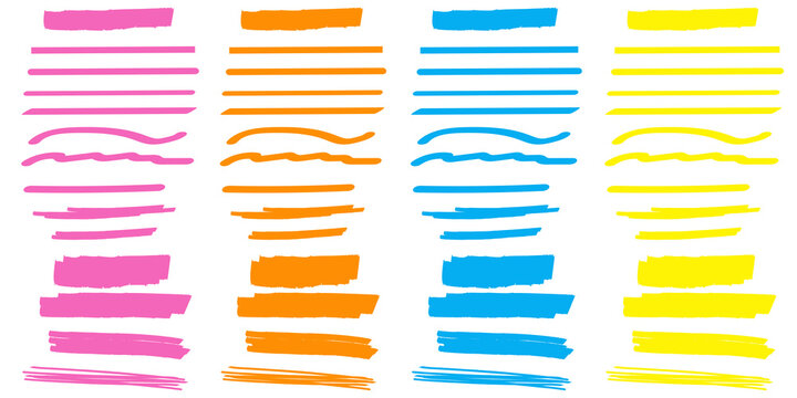 Marker line highlight. Vector scribble stroke. Colored doodle brush. Multi-colored stripes on paper. Stock image.
