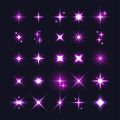 Set of purple sparkles icons. Collection of star shine symbol design on dark blue background. Magic particle effect icon. Star shine elements. Vector illustration.