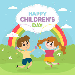 Obraz na płótnie Canvas Happy children's day illustration with children play in the park with rainbow vector