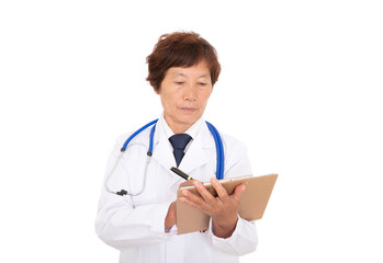Fototapeta premium Chinese female doctor holding documents in hand for signing in front of white background