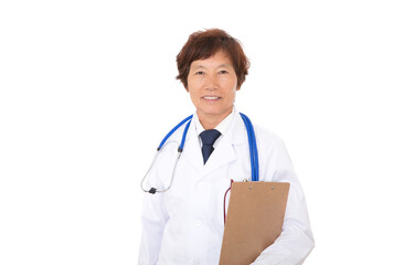 Female doctor with neck hanging stethoscope holding folder in hand standing in front of white background