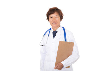 Female doctor with neck hanging stethoscope holding folder in hand standing in front of white background