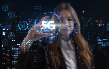 Business, technology, internet and network concept. Young businessman thinks over the steps for successful growth: 5G