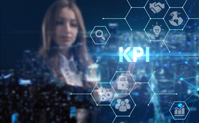 Business, technology, internet and network concept. Young businessman thinks over the steps for successful growth: KPI