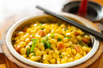 side view fast food of fried ham and maize with bowl of soup