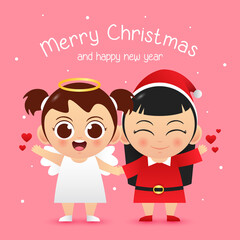 Merry christmas cute character girl angel and santa costume vector