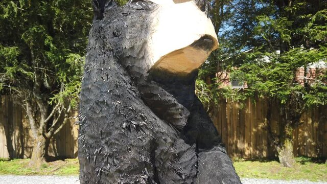 Slow pan close up down over a chainsaw carving of a standing pine tree of a painted bear to stump