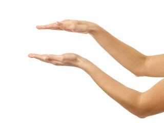 Holding or measuring hands. Woman hand gesturing isolated on white