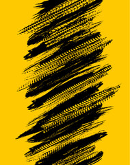 Offroad grunge tyre prints, vector abstract black pattern on yellow background for automobile service or racing tournament design. Rally, motocross dirty tires print, off road grungy trails texture © Vector Tradition
