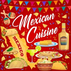 Mexican cuisine food and drink vector design with fiesta party dishes. Tacos, burritos and nachos with guacamole, quesadilla, grilled corn and tequila, Mexican map, maracas and bunting garland