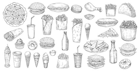 Sketch fast food meals isolated vector icons pizza, burritos and burger with hot dog and french fries, popcorn, nachos and donut with soda drink. Ice cream, taco and cupcake junk street fastfood set