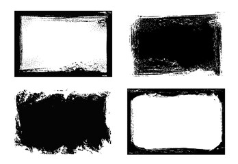 Grunge frames isolated vector black rectangular borders with rough scratched edges. Grungy vintage old texture, dirty spatter vignettes, retro design elements or photo frames on white background set