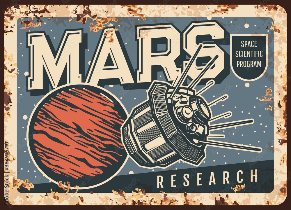 Aufkleber mars research vector rusty metal plate. space scientific program with artificial interplanetary sate