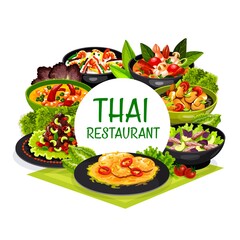Thai cuisine vector Thailand dishes coconut milk fish soup, tom yam kung and fried shrimp rice, pork tenderloin with peanuts. Beef salad and spicy chicken pieces with cashews Asian food round frame