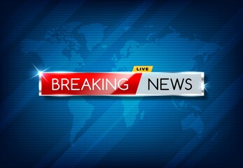 Breaking news TV screensaver, vector media broadcast channel publication, urgent announcement. Global event report, live news typography on sparkling metal banner at blue background with world map