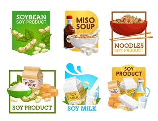 Soy food and soybean products vector icons. Miso soup, noodles and vegetarian flour, milk, tempeh and oil with soya sauce. Vegan nutrition, tofu, soy beans natural organic protein food isolated labels