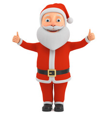 Happy New Year. Santa Claus cartoon character shows two thumbs up on a white background. 3d rader illustration for the new year.