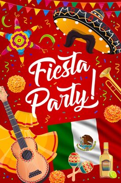 Mexican sombrero, guitar and maracas of vector fiesta party. Mexican flag, mariachi hat and trumpet, mustache, pinata and tequila, jalapeno, lime and flag bunting garlands, greeting card design