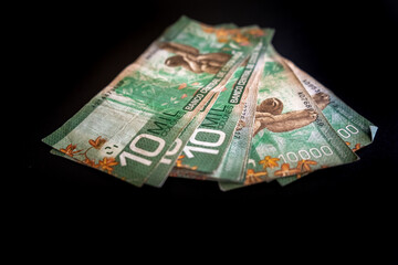 Close up view of the Costa Rica currency CSC 10 000 Colones money